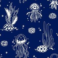 Seamless vector pattern with ocean algae, corals and jellyfish on a blue background. Sea life. Seabed. Design on marine theme. Perfect for wallpaper, fabric, greetings, invitations, wrapping and other