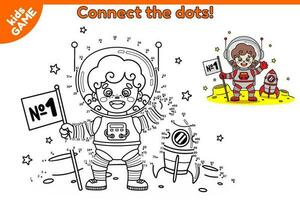 Dot to dot game for children. Connect the dots, draw a cartoon astronaut girl near rocket on moon in space and color it. Coloring book. Educational puzzle for kids. Vector spaceman girl in cosmos.