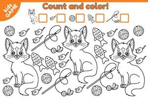 Educational counting math game for kids. Count how many cats and cat toys and write down the result. Coloring page with cartoon cat and cat toys. Education worksheet for children. Vector illustration.