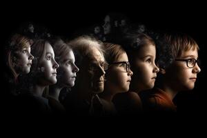 Different generations of family stand together against dark abstract background. photo