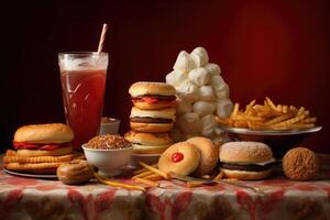 A lot of junk food on table. Unhealthy nutrition. photo