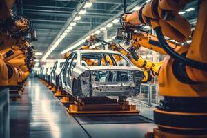 Car factory with robotic arms at assembly line. photo