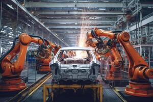 Car factory with robotic arms at assembly line. photo