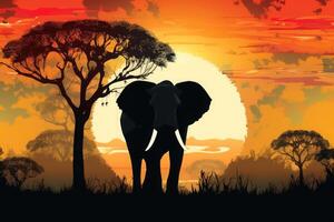 Silhouette of african animals. Elephant at sunset near trees. photo