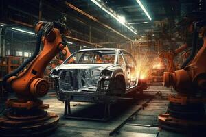 Car factory with robotic arms at assembly line. photo