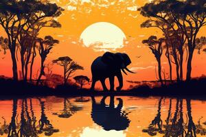 silueta de africano animales elefante a puesta de sol cerca arboles generativo ai foto