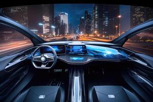 Futuristic autonomous vehicle cockpit. Car digital dashboard. photo