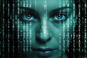 Female face against binary code. Artificial intelligence concept. photo