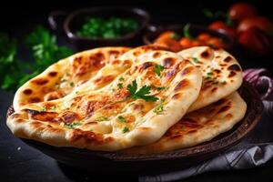 Naan bread in plate. Flatbread with spices. Indian cuisine. photo