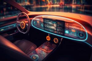 Futuristic autonomous vehicle cockpit. Car digital dashboard. photo