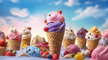 Ice cream cone on colored abstract background, minimal style. photo