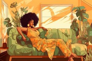 Black woman resting on sofa at living room. photo