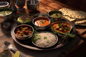 Traditional Indian dishes, above view. photo