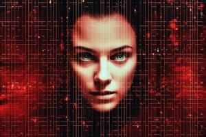 Female face against binary code. Artificial intelligence concept. photo