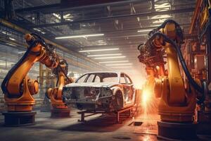 Car factory with robotic arms at assembly line. photo