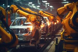 Car factory with robotic arms at assembly line. photo