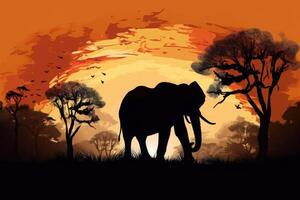 Silhouette of african animals. Elephant at sunset near trees. photo