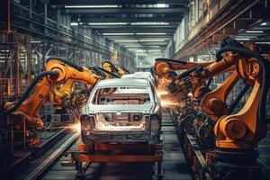 Car factory with robotic arms at assembly line. photo