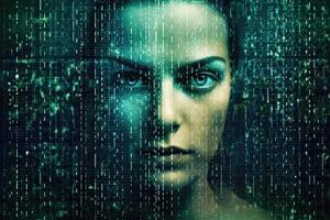 Female face against binary code. Artificial intelligence concept. photo