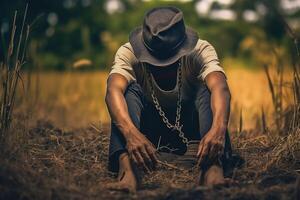 Male prisoner in chain. Slavery concept. photo