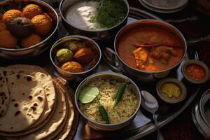 Traditional Indian dishes, above view. photo