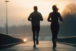 Pareja corriendo juntos. masculino y hembra atleta correr. generativo ai foto