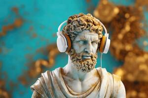 Gypsum statue in headphones on colored abstract background. photo