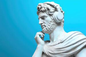 Gypsum statue in headphones on colored abstract background. photo