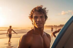 hombre con tabla de surf en mar playa a puesta de sol. generativo ai foto