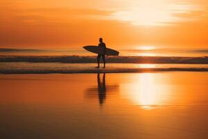 hombre con tabla de surf en mar playa a puesta de sol. generativo ai foto