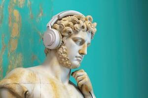 Gypsum statue in headphones on colored abstract background. photo