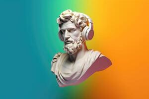 Gypsum statue in headphones on colored abstract background. photo