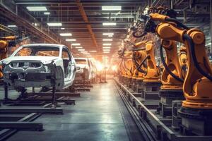 Car factory with robotic arms at assembly line. photo