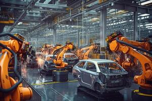 Car factory with robotic arms at assembly line. photo