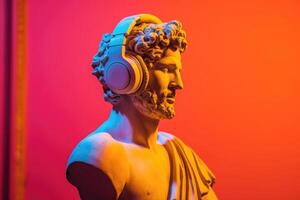 Gypsum statue in headphones on colored abstract background. photo