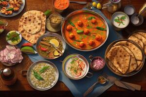 Traditional Indian dishes, above view. photo