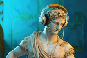 Gypsum statue in headphones on colored abstract background. photo