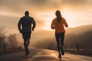 Pareja corriendo juntos. masculino y hembra atleta correr. generativo ai foto