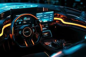 Futuristic interior of luxury car. Technology car dashboard. Generative AI photo