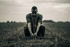 masculino prisionero en cadena. esclavitud concepto. generativo ai foto