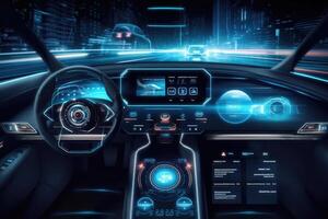 Futuristic autonomous vehicle cockpit. Car digital dashboard. Generative AI photo