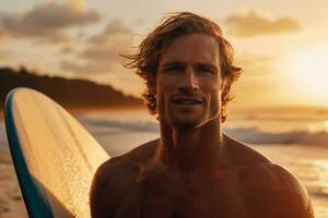 hombre con tabla de surf en mar playa a puesta de sol. generativo ai foto