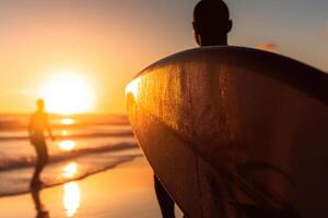 Man with surfboard on sea beach at sunset. Generative AI photo