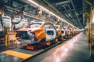 Car factory with robotic arms at assembly line. Generative AI photo