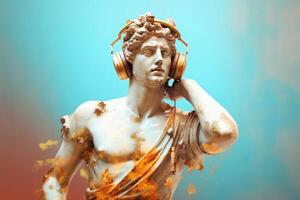 Gypsum statue in headphones on colored abstract background. photo