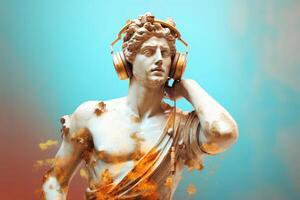 Gypsum statue in headphones on colored abstract background. Generative AI photo