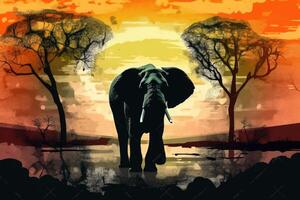 Silhouette of african animals. Elephant at sunset near trees. Generative AI photo