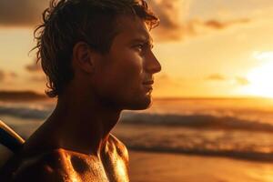 Man with surfboard on sea beach at sunset. photo