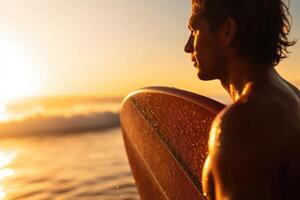 hombre con tabla de surf en mar playa a puesta de sol. generativo ai foto