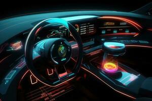 Futuristic autonomous vehicle cockpit. Car digital dashboard. Generative AI photo